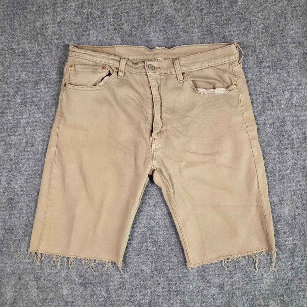 Levi's 505 Shorts Mens 36 Tan Khaki Denim Cut Off Raw Hem Regular Fit
